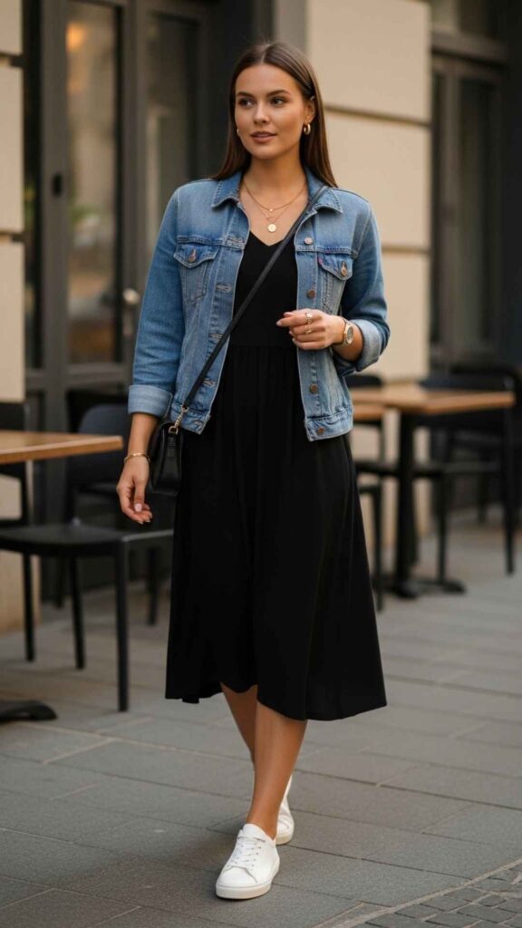 A Little Black Dress with a Denim Jacket and White Sneakers