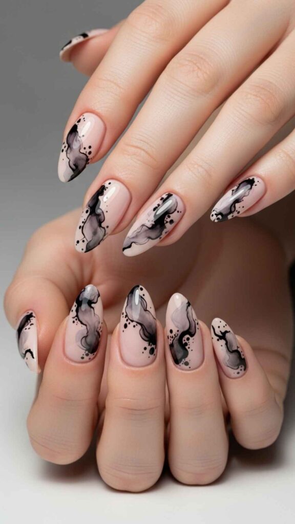 Abstract Ink Blot Art on a Nude Almond Shape