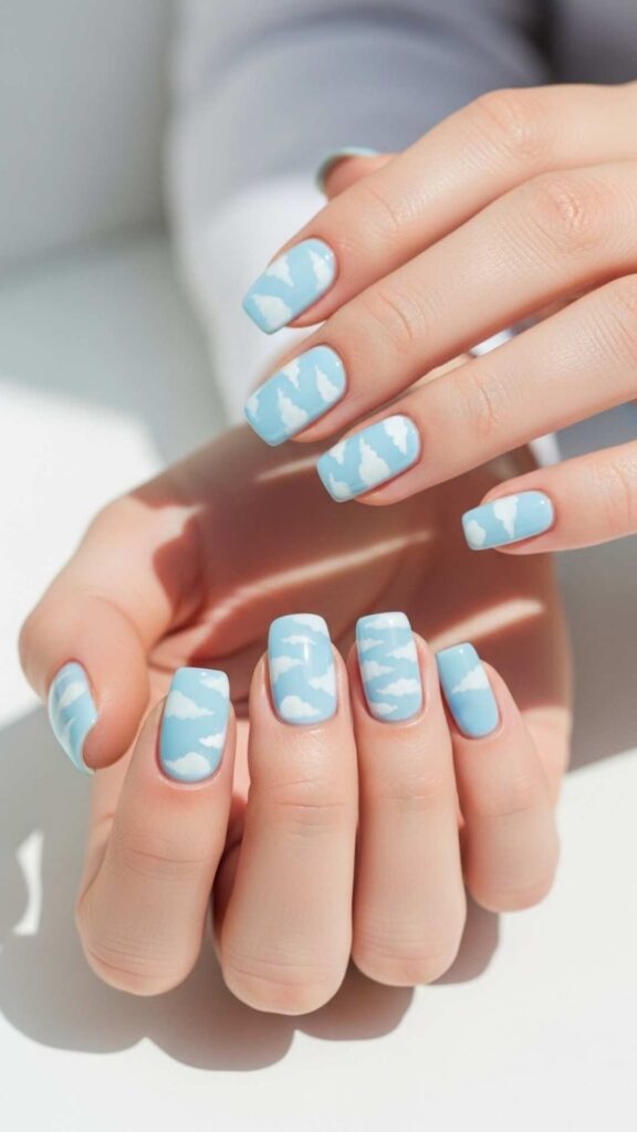Baby Blue with White Cloud Nail Art