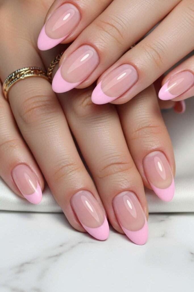 Ballet Pink French Tips on Almond Nails