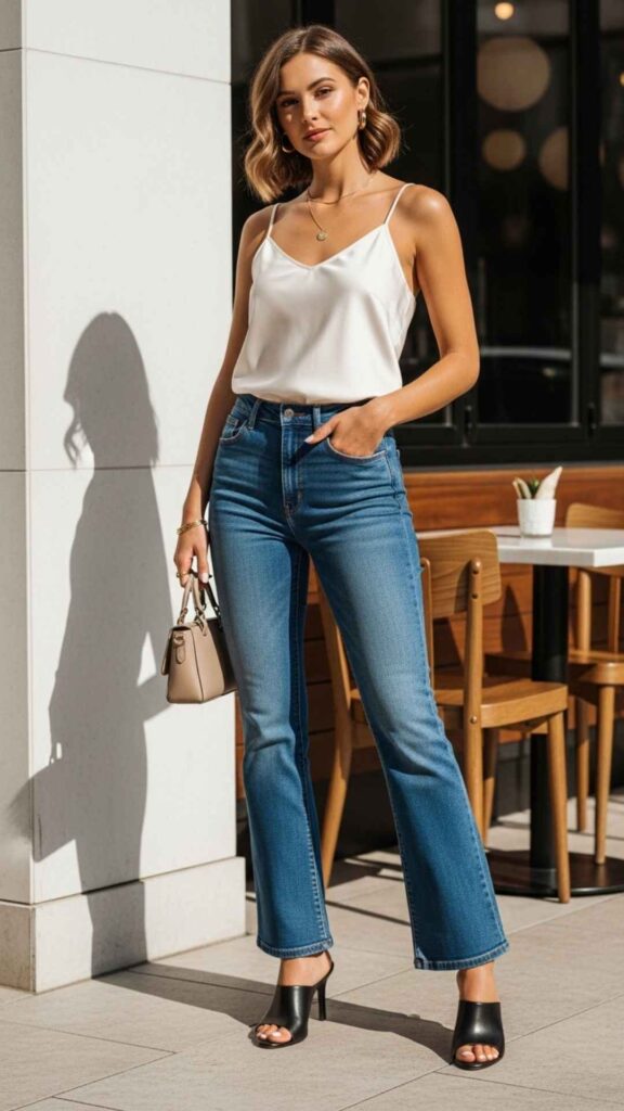 Barrel-Leg Denim with a Silky Cami and Mules