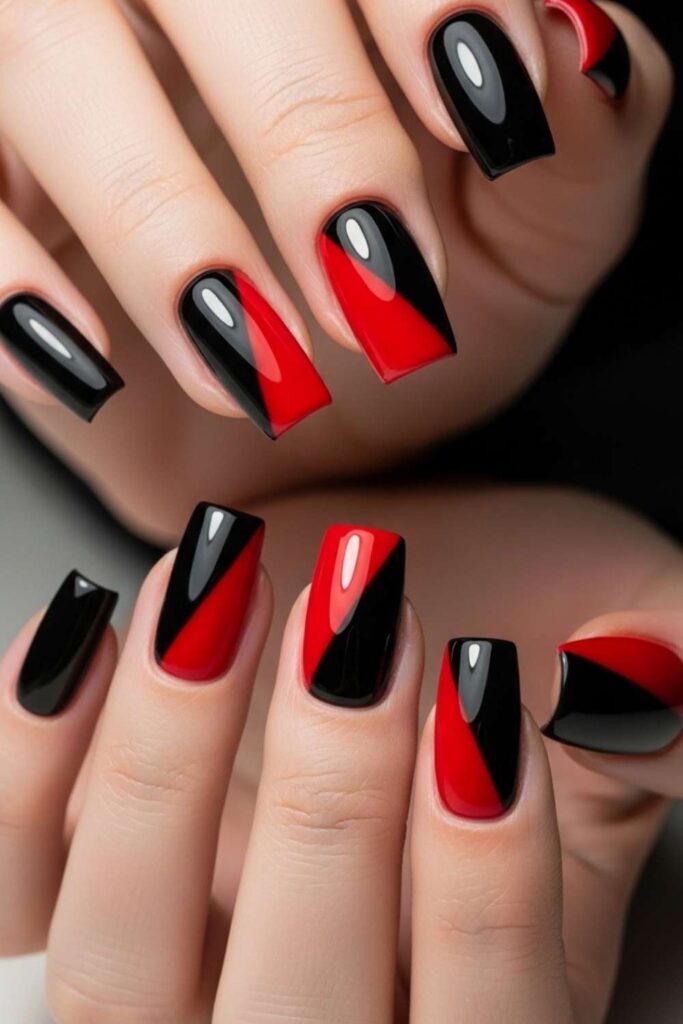 Black and Red Color Block Square Nails