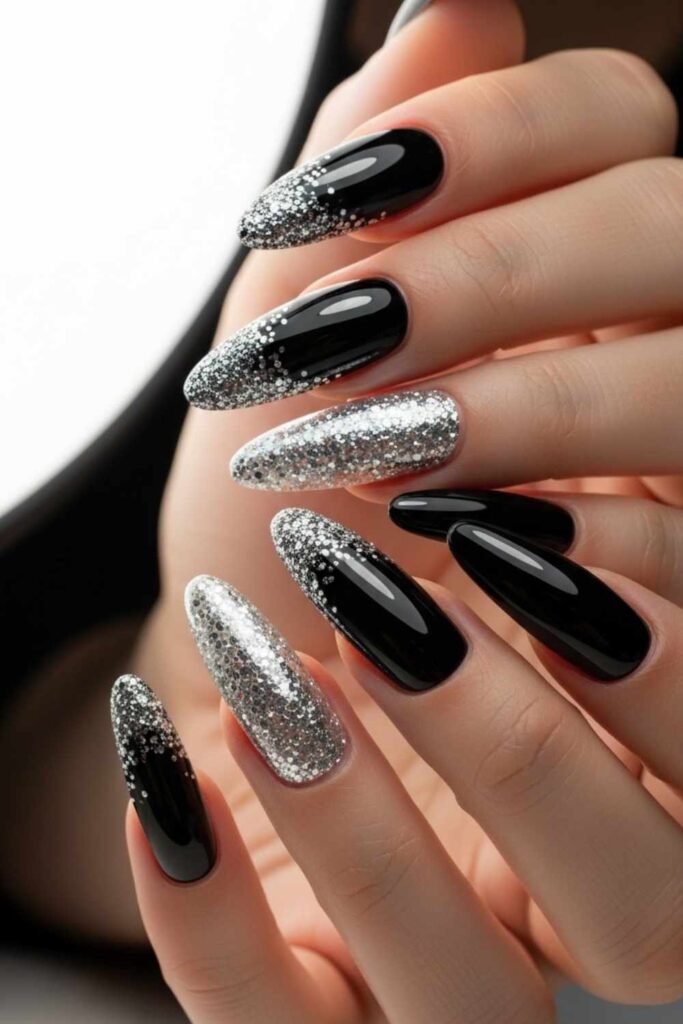 Black Base with Chunky Silver Glitter Tips