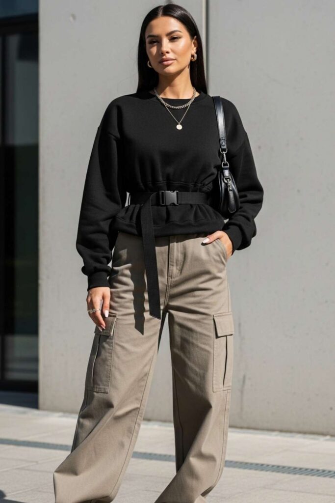 Black Crewneck Sweatshirt, Belted Over Wide-Leg Cargo Pants