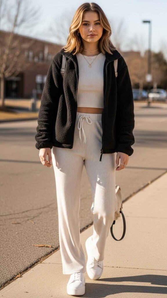 Black Fleece Jacket with a Cream Ribbed Set and Platform Sneakers