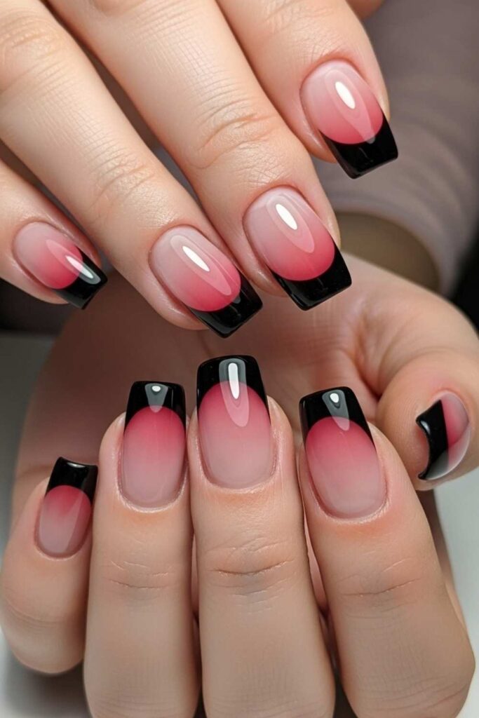 Black French Tips on a Sheer Red Base