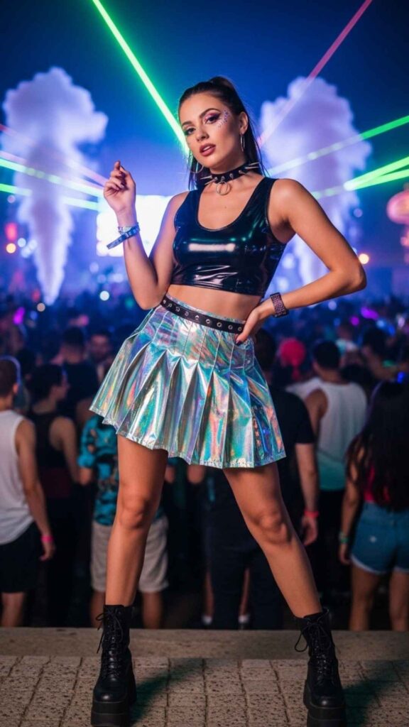 Black PVC Crop Top with Pleated Iridescent Mini Skirt