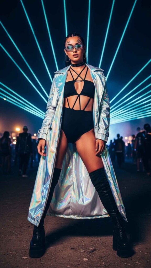 Black Strappy Bodysuit with an Iridescent Trench Coat