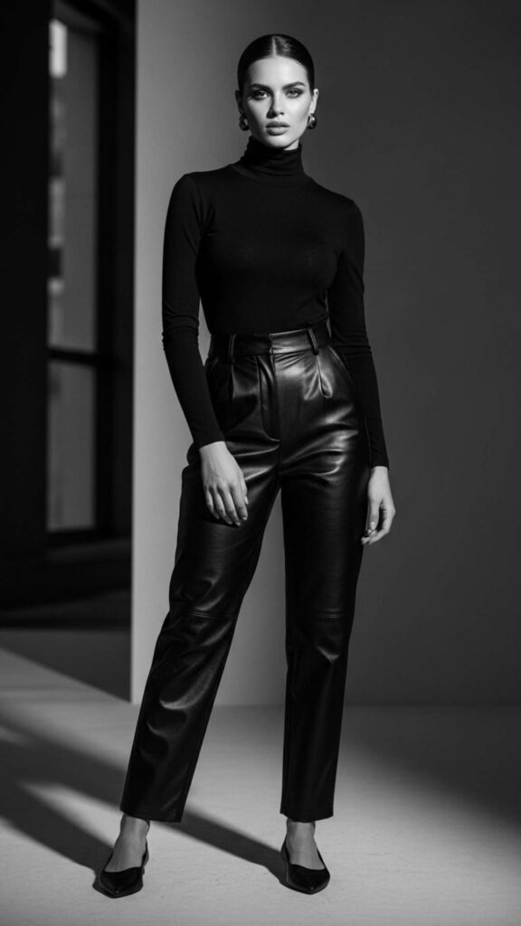 Black Turtleneck + Leather-Look Straight Trousers + Pointed Flats