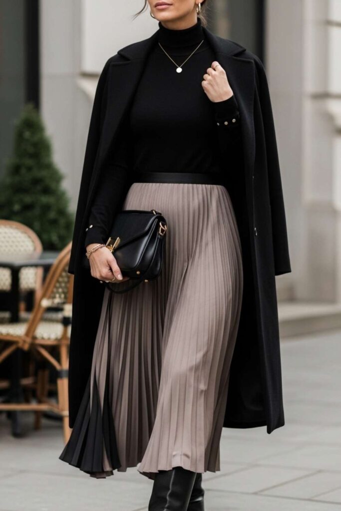 Black Turtleneck With a Midi Pleated Skirt and Tall Boots