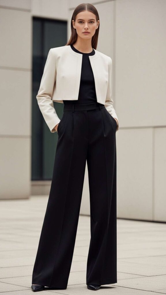Black Wide-Leg Trousers with a Cropped Cream Jacket and Simple Inner