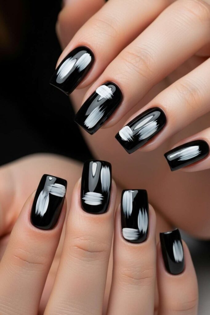 Black with Hand-Painted White Abstract Strokes