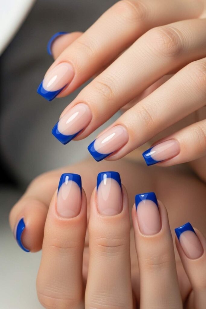 Bold Cobalt Blue Tips on Natural Short Nails