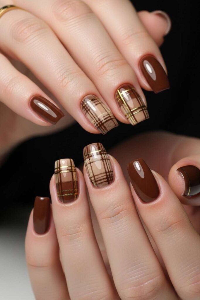 30 Nails That Bring 90s Art Back And Make It Look Better Than Ever 10 Brown and Beige Plaid with Thin Gold Lines