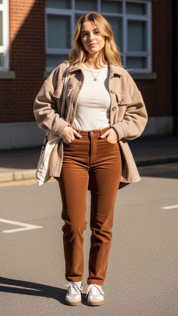 Brown Corduroy Pants with a Cream Fitted Tee and a Shacket