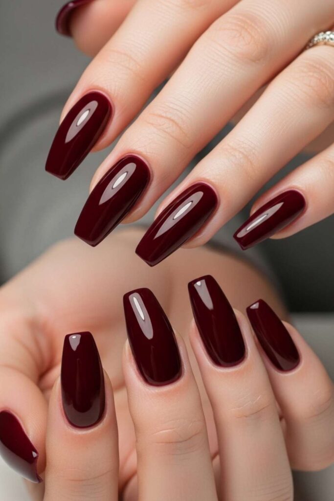 Burgundy Coffin Nails with a Glossy Finish