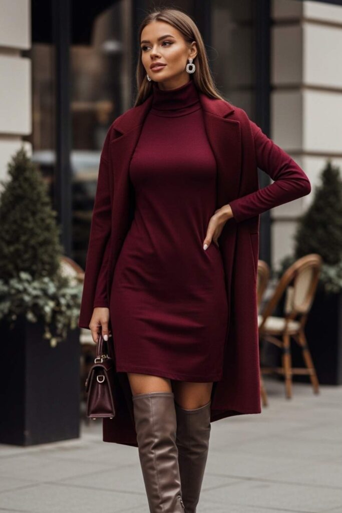 Burgundy Turtleneck Dress With Knee-High Boots
