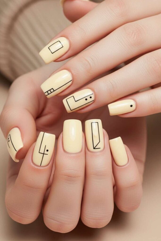 Butter Yellow Square Nails with Thin Black Line Art