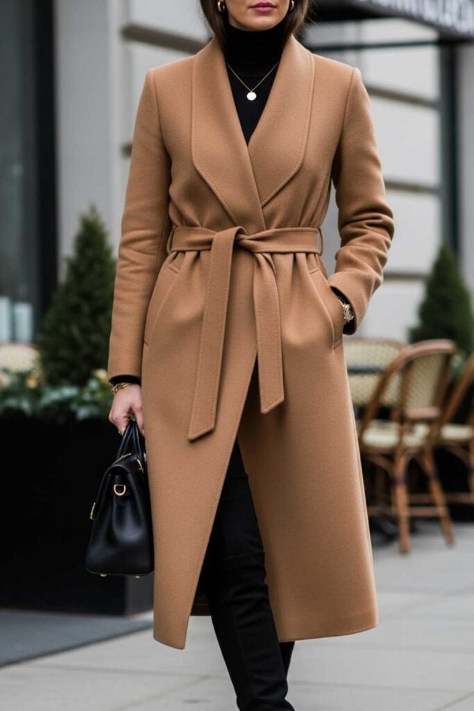 Camel Wrap Coat Over an All-Black Base