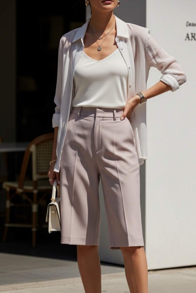 Cami Top Layered Under a Sheer Button-Down with Bermuda Shorts