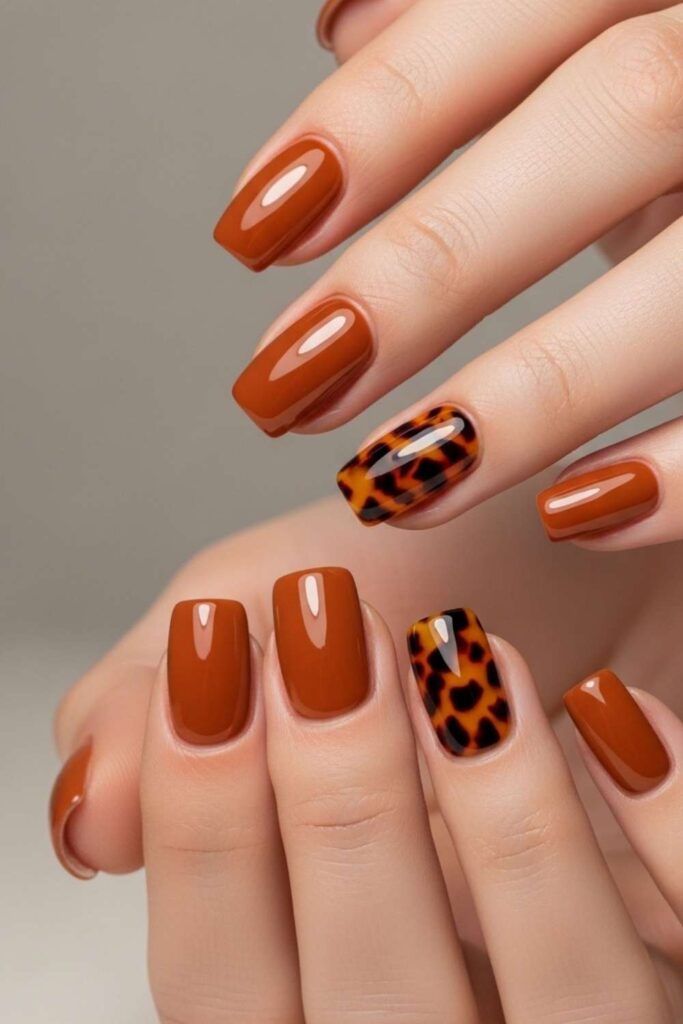 Caramel Brown Base with Tortoiseshell Accent Nail