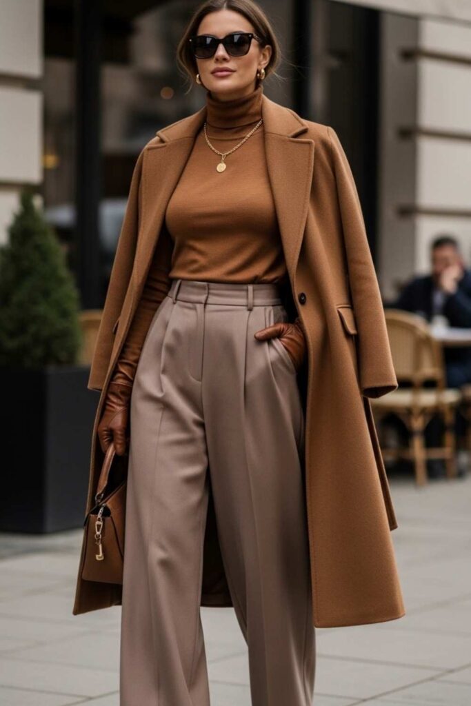 Caramel Turtleneck With Wide-Leg Trousers and a Belted Wool Coat
