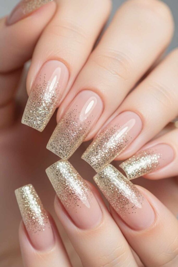 Champagne Glitter Ombre on Soft Nude Base