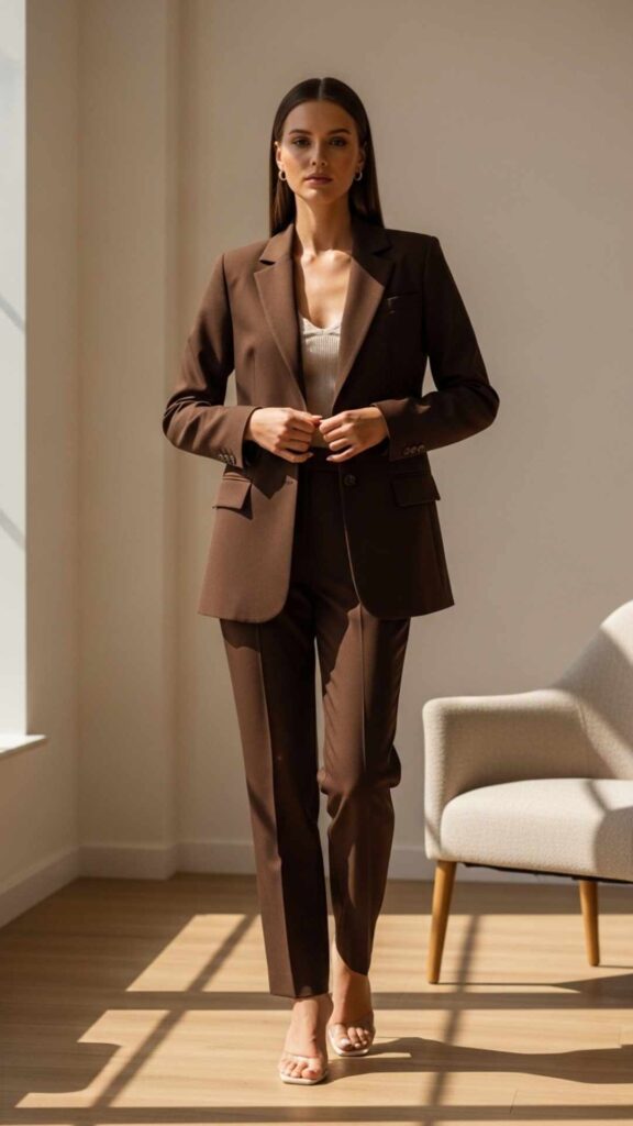 Chocolate Brown Blazer Set with Barely-There Heels