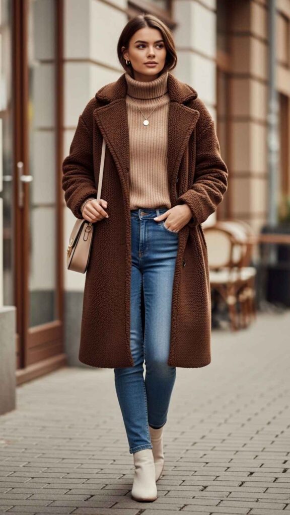 Chocolate Brown Fleece Coat Over Slim Jeans