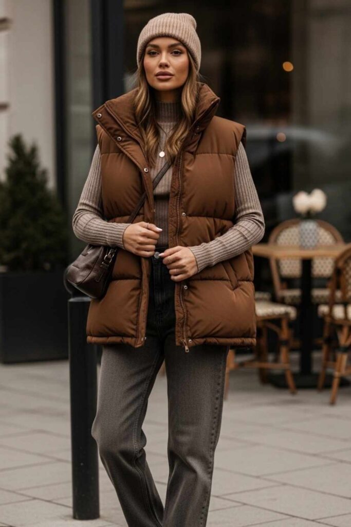 Chocolate Brown Puffer Vest Over a Ribbed Mock-Neck