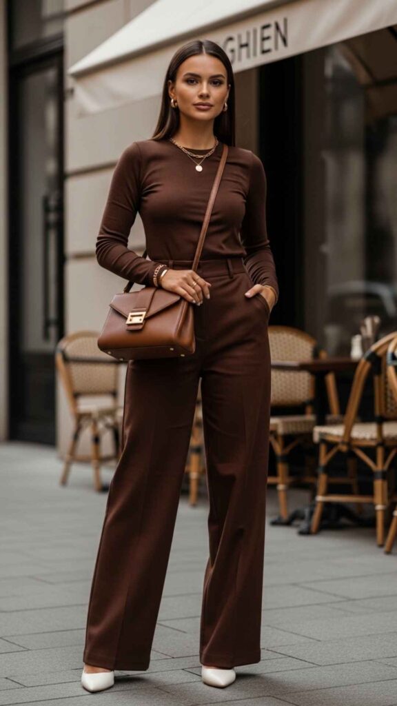 Chocolate Brown Set: Wide-Leg Trousers and Fitted Top