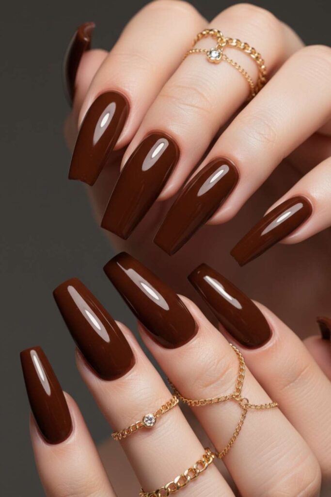 41 Long Acrylic Nail Designs for Baddies That Hit Different in 2026 6 Chocolate Brown Stiletto Nails with Gold Chain Detail