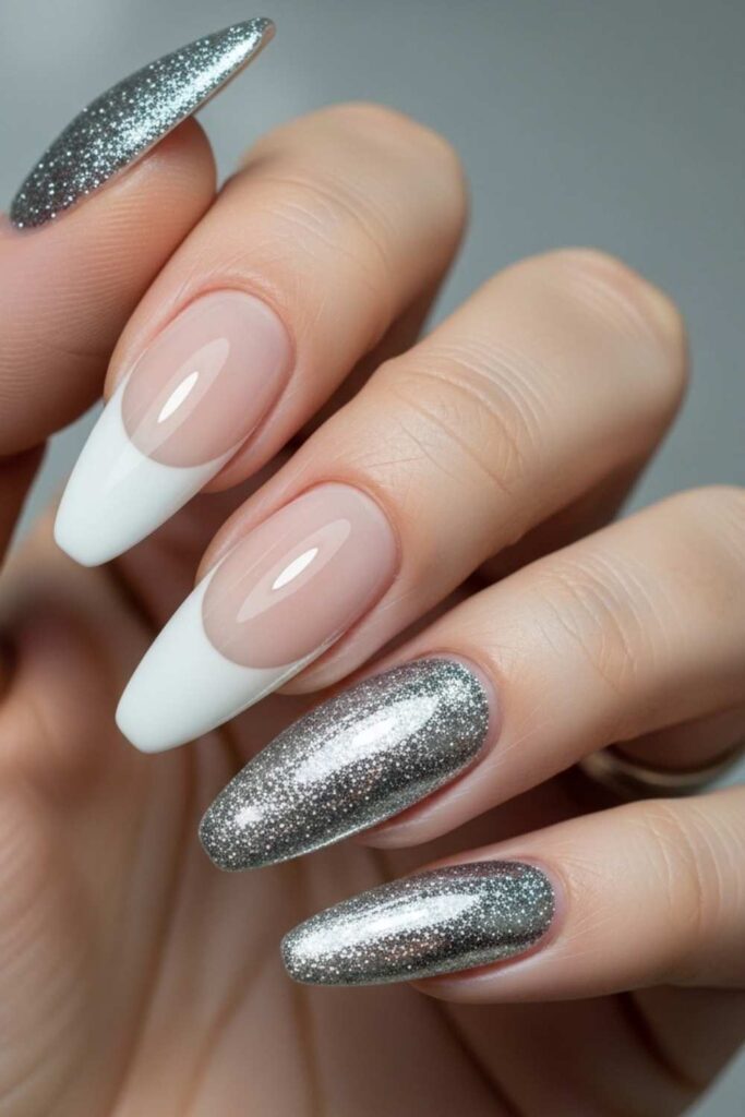 Chrome Glitter Tips on White French Base