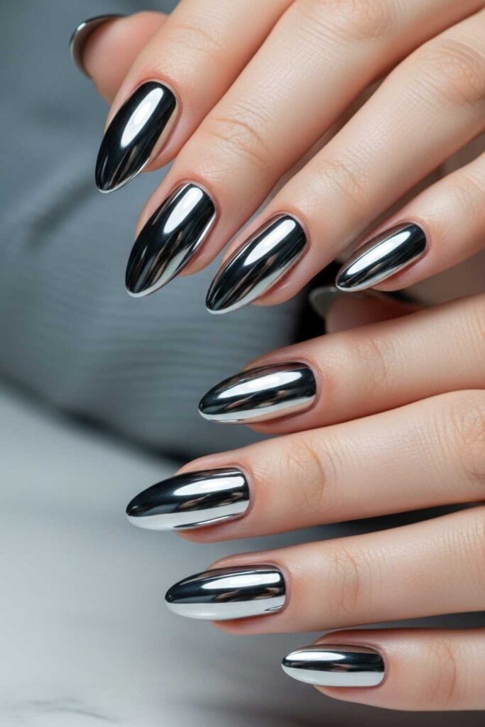 Chrome Silver Almond Nails