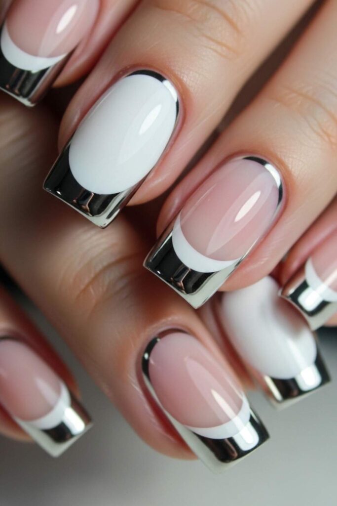Chrome Silver Edge Tips on White Gel