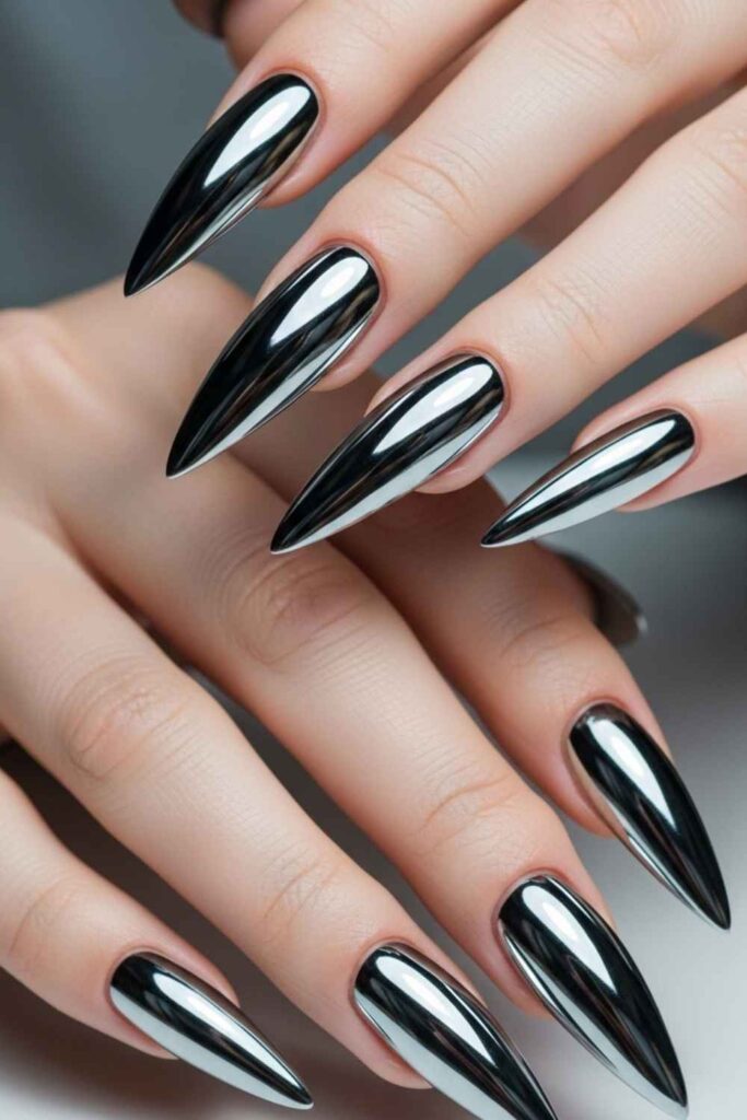 Chrome Silver Stiletto Nails with a Mirror Finish