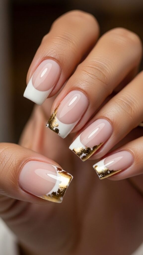 12 White French Tip Nails with Design Ideas That Look Effortlessly Expensive in 2026 3 Chunky Gold Foil French Tip with Clean White Line