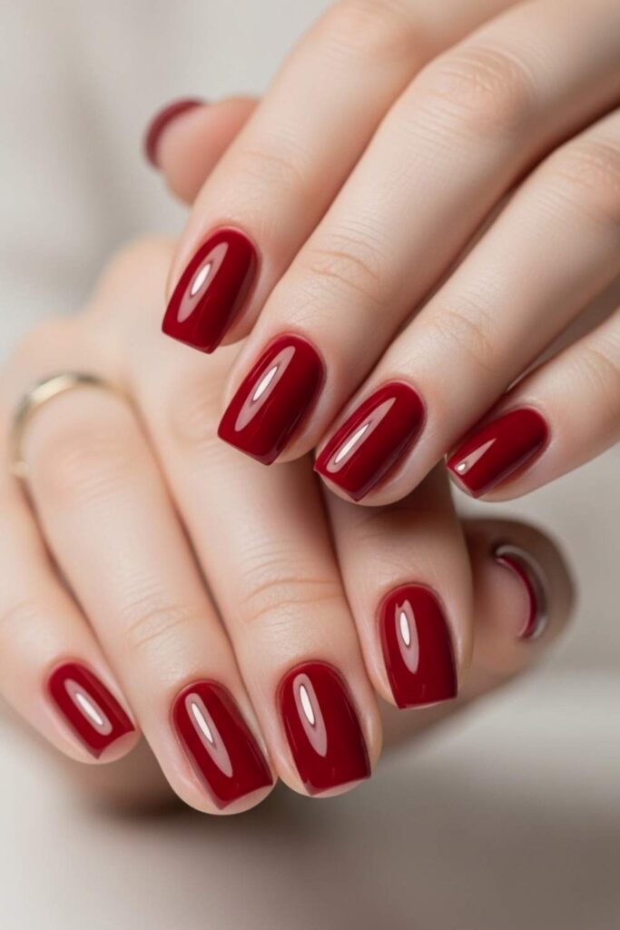 Classic Deep Red on Short Square Nails