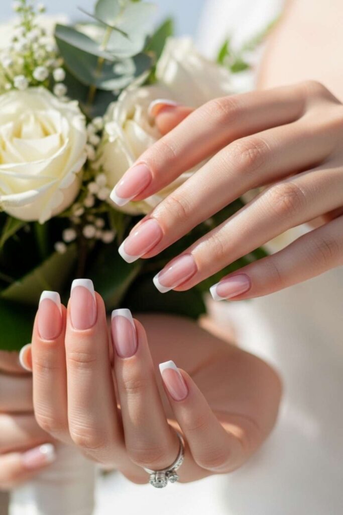 Classic French with a Micro Tip Wedding Day Nails for Bride