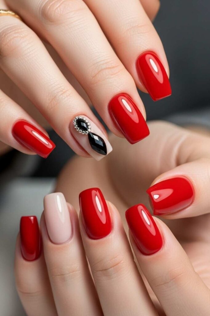 Classic Glossy Red with One Black Rhinestone Accent