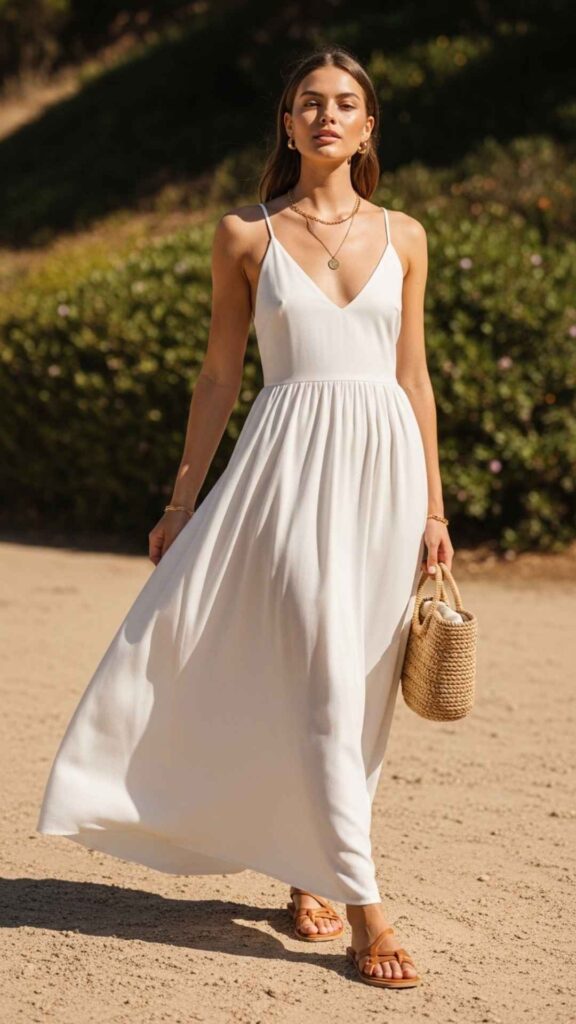 Classic White Maxi Dress with Tan Sandals and a Woven Bag