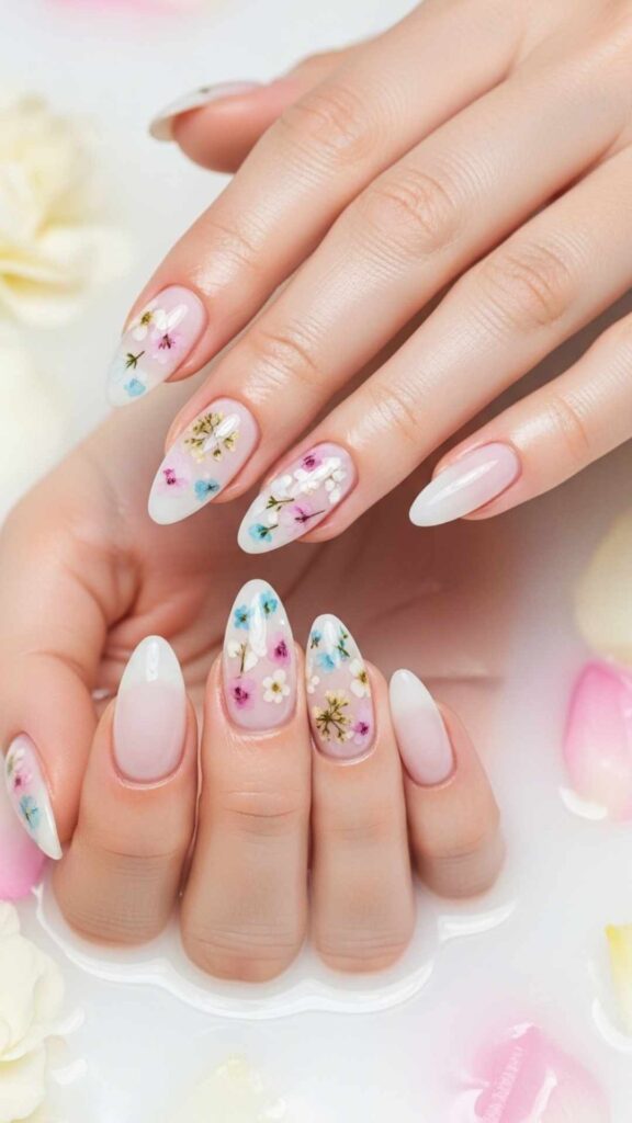 Clean Milk Bath Nails with Pressed Florals