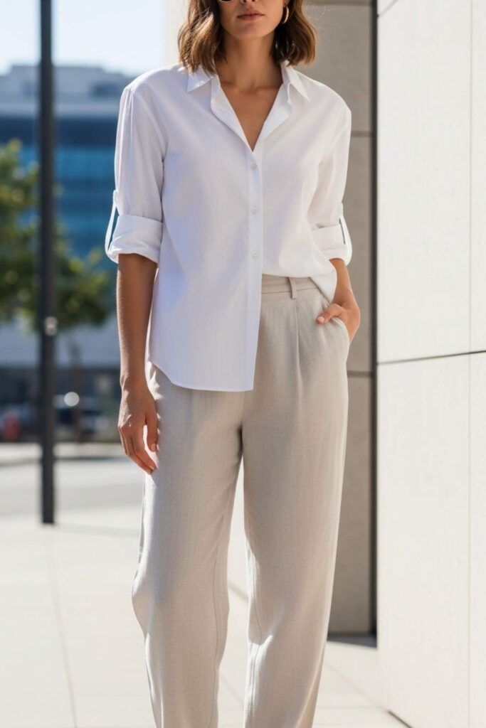 Clean White Button-Down with Loose Linen Trousers and Minimal Sandals