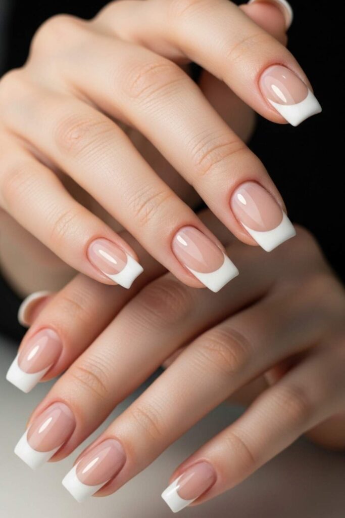 Clean White French Tips on a Soft Square