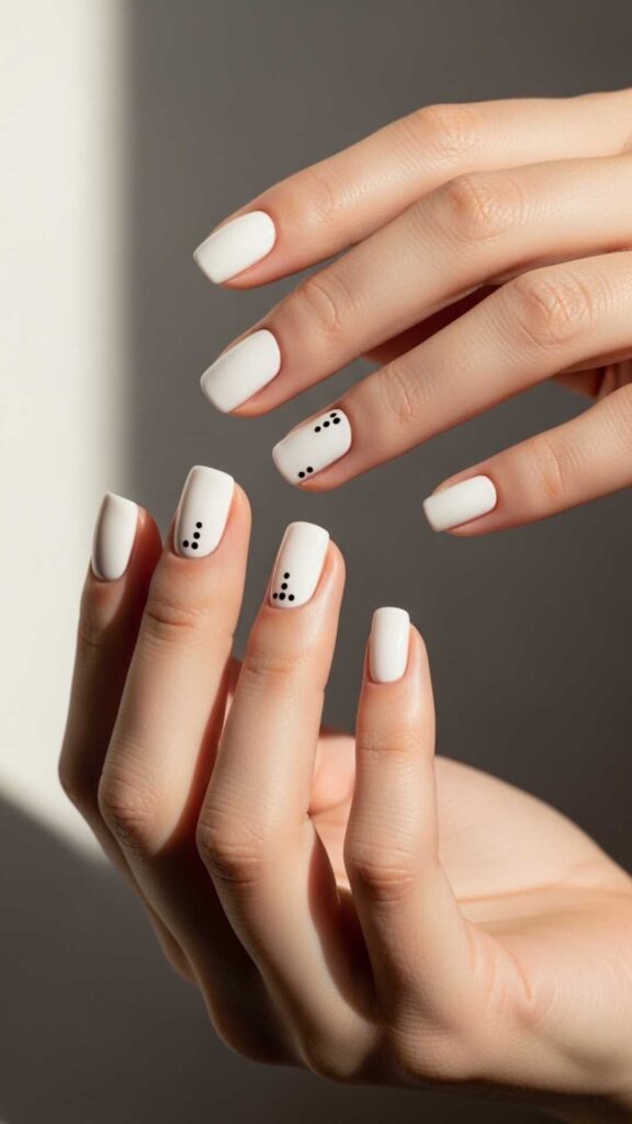 Clean White Nails with a Tiny Black Dot Cluster