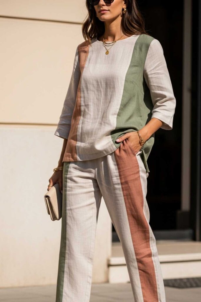 Color-Block Linen Set with Barely-There Sandals