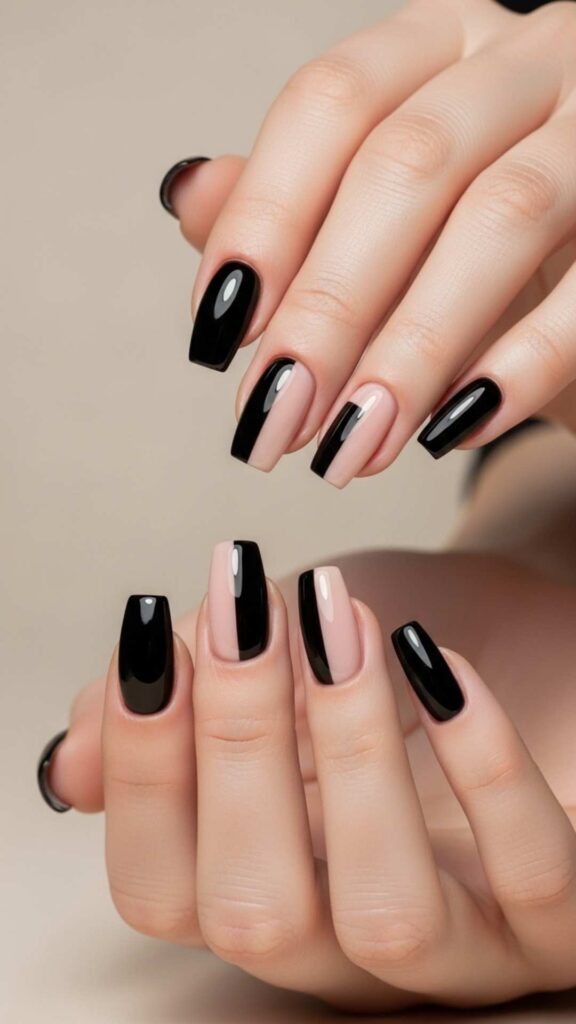 Colorblock Split: Black and Nude on Same Nail