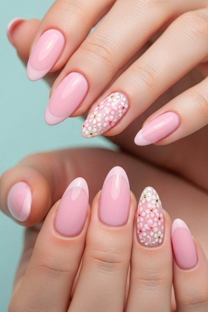 Cotton Candy Pink Nails with Floral Micro-Art at Tips