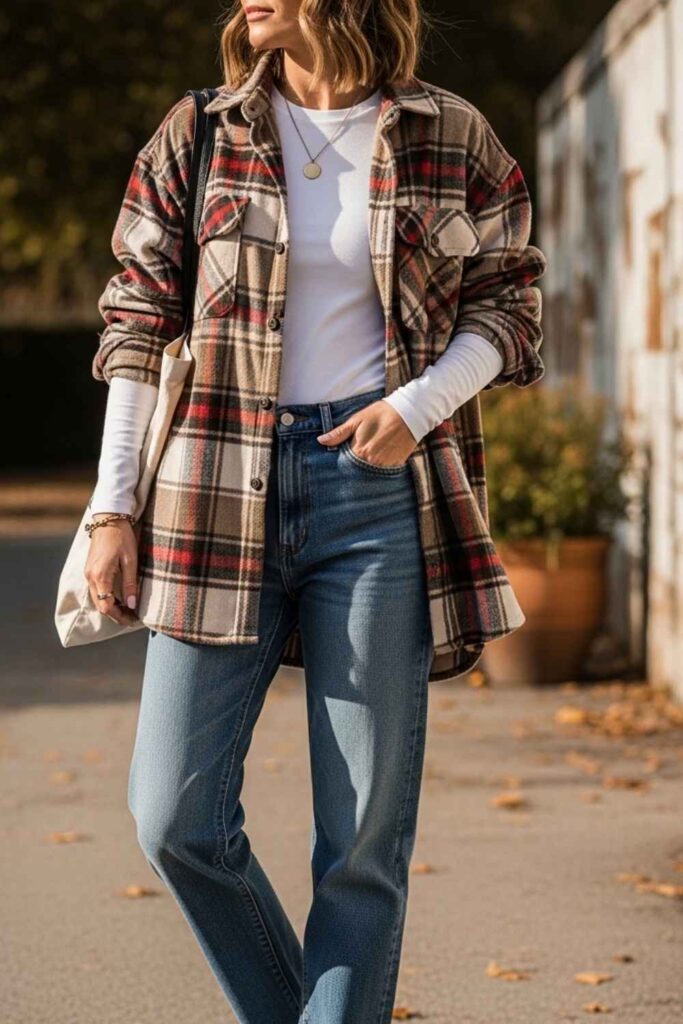 Cozy Oversized Flannel Over a White Long-Sleeve with Straight Jeans