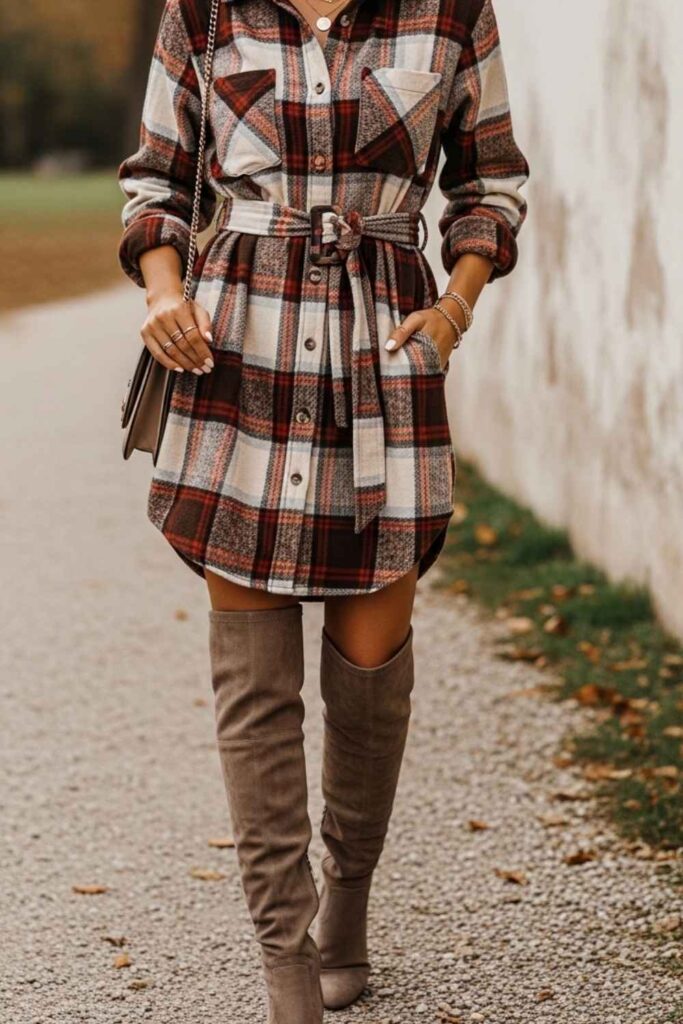 Cozy Plaid Flannel Shirt Dress With a Belt and Tall Suede Boots